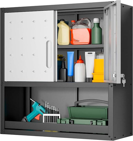Garage Wall Cabinet,29.5 W Wall Mounted Garage Cabinets with Adjustable Shelf,Heavy Duty Lockable Metal Cabinet,Secure Hanging Tool Cabinet for Basement,Laundry Room,Workshop,Black/Grey