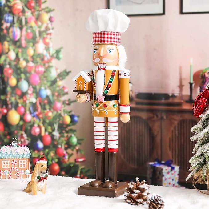 Christmas Nutcracker Decoration - 15 Inch Wooden Gingerbread House Soldier Figure for Table Desktop Home Christmas Decor Xmas Indoor Decor Cook