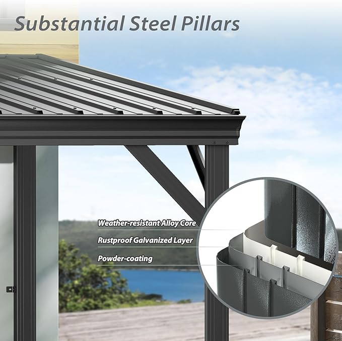 Domi 12'x20' Hardtop Lean to Gazebo with Gutters, Connectable Wall Mounted Gazebo Pergola with Galvanized Steel Roof, 60MPH Wind Resistance, Outdoor Large Metal Canopy, for Patio, Deck, Lawn - Grey