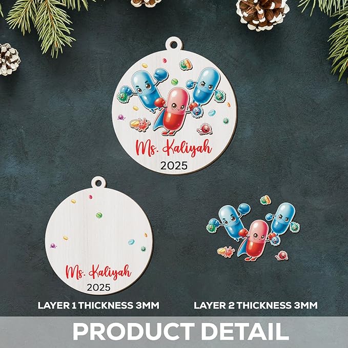 Customized Year Text Name Pharmacist Keepsake Ornament, Personalized Pharmacist 3D Wooden Ornaments Gift for Students Medical Women Men Daughter Son, Pharmacists Appreciation Christmas Tree Ornament