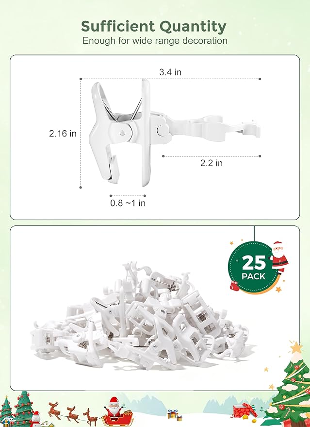 C7 C9 Christmas Lights Clips, 25 Count Holiday Lights Quick Spring Clips, Shatterproof Shingle and Gutter Clips for E12, E17 Socket, Rope Lights Roofline Fence Railing Mantel Christmas Trees, White