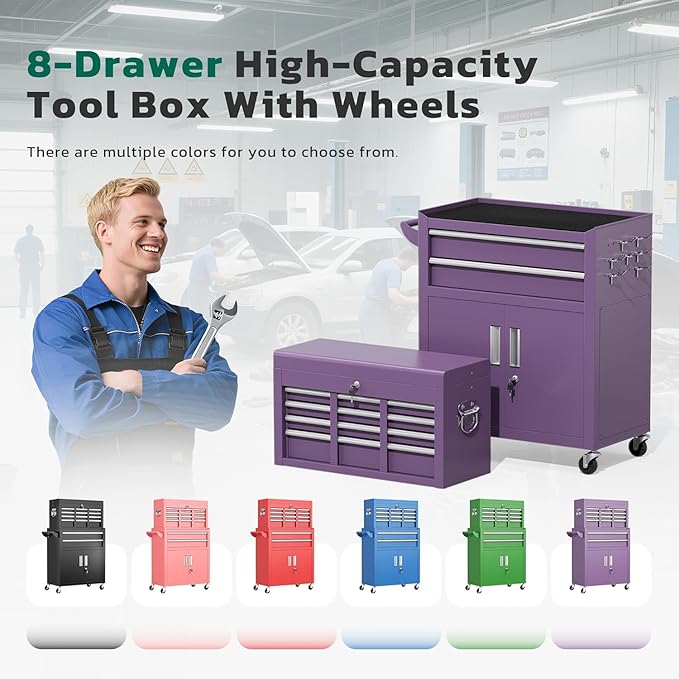 Greenvelly 8-Drawer Rolling Tool Chest, Metal Tool Chest with Wheels, Rolling Tool Box with Detachable Top Tool Box, Metal Tool Cart with Liner & Hooks for Garage, Workshop, Warehouse, Purple
