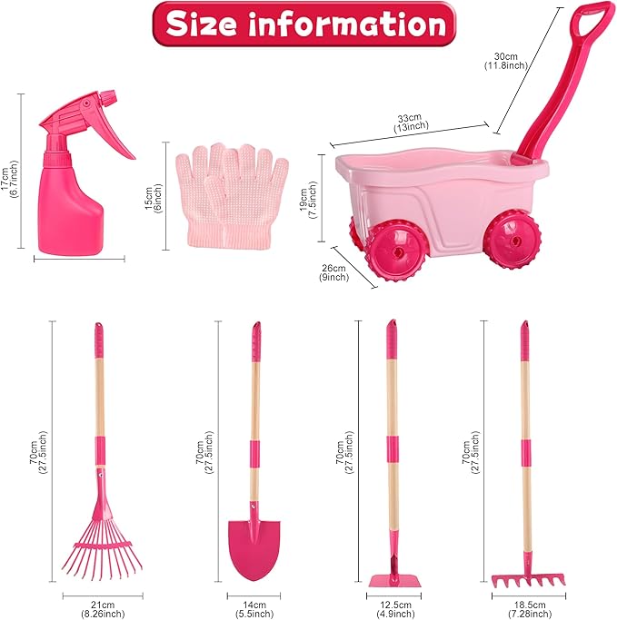 Duckura Kids Gardening Tools Set - 7pcs Wheelbarrow Set for Kids with Shovel, Rake, Leaf Rake, Summer Outdoor Yard Digging Weed Toys, Christmas Birthday Gifts for Boys Girls Age 2 3+ Years Old(Pink)