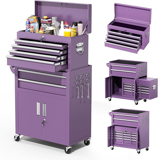 Greenvelly 8-Drawer Rolling Tool Chest, Metal Tool Chest with Wheels, Rolling Tool Box with Detachable Top Tool Box, Metal Tool Cart with Liner & Hooks for Garage, Workshop, Warehouse, Purple