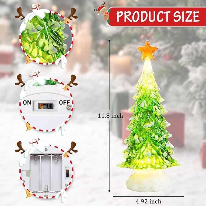 Small Christmas Tree Green Acrylic Tree with Timer 8 Inch Tabletop Christmas Tree with LED Lights Vintage Christmas Decoration Battery Operated Mini Green