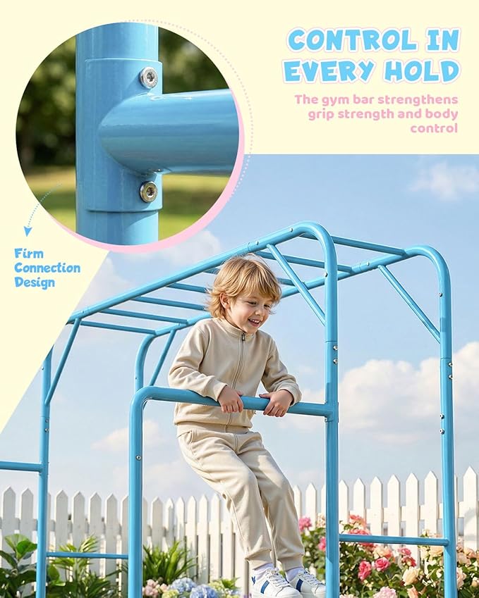 Outdoor Monkey Bar Set with Climbing Frame, Gymnastics bars, Playground Set for Backyards, Metal Monkey Bar for Kids Age 3 and Up, Backyard Playground Set with Powder Coated Steel, SkyBlue