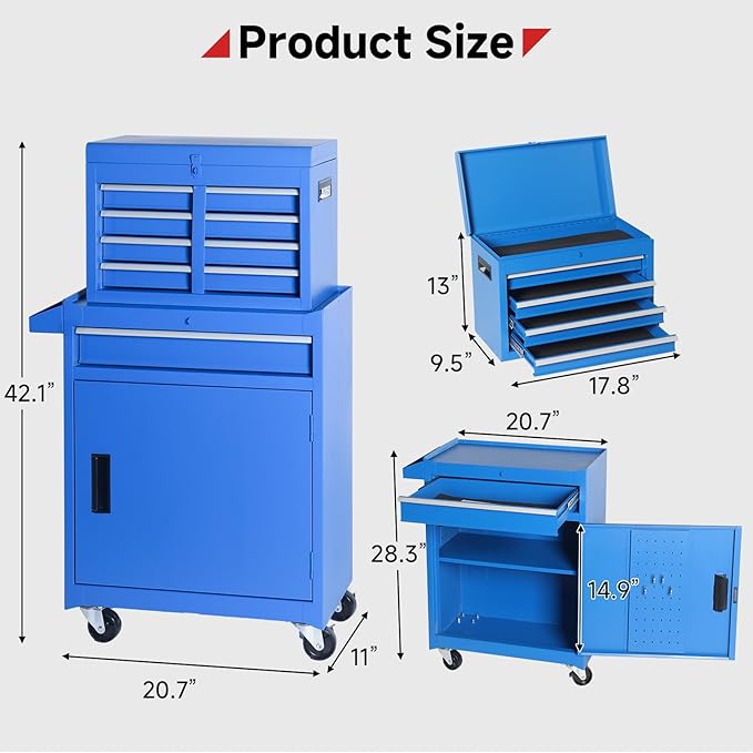 Rovibek Rolling Tool Chest, 5-Drawer Rolling Tool Box on Wheels, Metal Tool Chest with Foam Packaging, Lockable Wheels, Detachable Top Tool Box, Tool Storage Box for Garage Workshop Warehouse