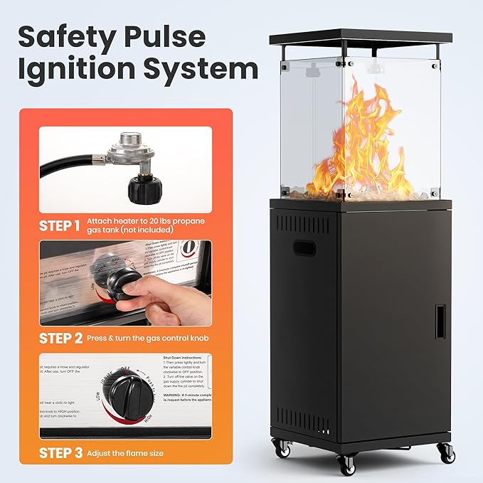 41,000 BTU Patio Heater,Propane Outdoor Heater With Cover,CSA Certificated, Lockable Wheels,Tempered Glass, Patio,Backyard,Balcony,Poolside, Inky