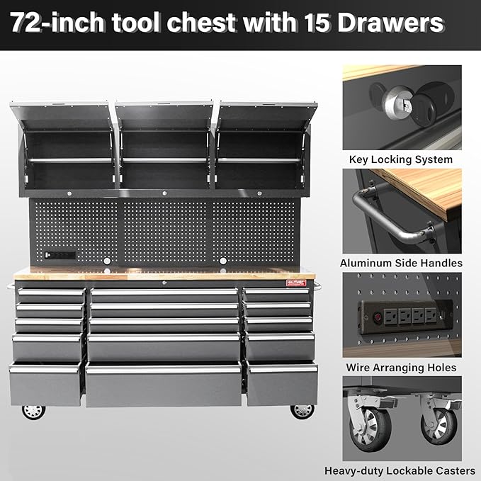 HAUTMEC 72 Rolling Tool Chest, Mobile Garage Workbench, Heavy-Duty Tool Cabinet on Wheels with 15 Drawers, 3 Upper Cabinets, Pegboard & 51 Hooks, Oak Work Surface & Power Strip ? HT0428