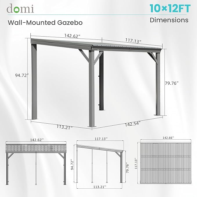 Domi 10' x 12' Lean to Gazebo, Wall Mounted Gazebos Pergola with Built in Drainage System, Galvanized Steel Roof, Hardtop Patio Shelter for Deck, Porch, Backyard and More