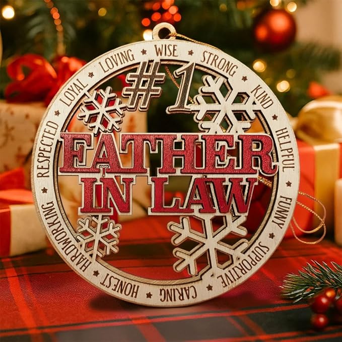 #1 Father-in-Law Wooden Christmas Ornament – Best Father-in-Law Holiday Tree Hanging Decoration, Rustic Xmas Gift with Snowflakes & Words