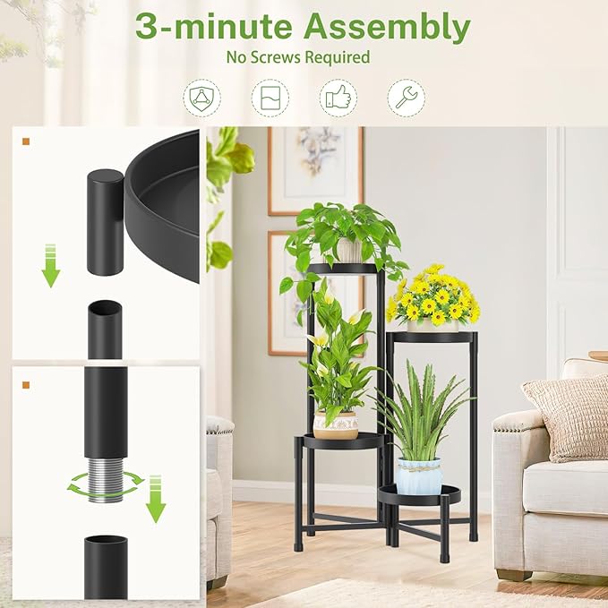 iDavosic.ly Plant Stand Indoor Outdoor, 4 Tier Corner Metal Flower Display Holder Shelf, Easy Assembly Folding Tall Orchid Rack for Patio Balcony Porch Garden Living Room House, Black