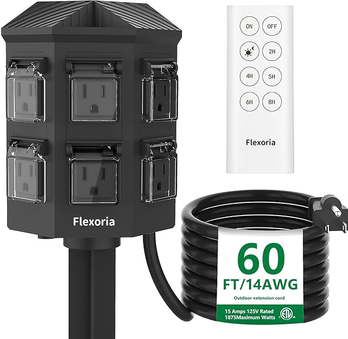 Outdoor Power Stake Timer, Remote Control Dusk to Dawn Light Timer, 60FT Extension Cord Waterproof, 6 Grounded Outlets for Outdoor Christmas Decorations, ETL Listed
