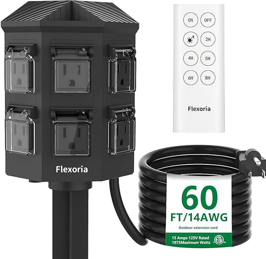 Outdoor Power Stake Timer, Remote Control Dusk to Dawn Light Timer, 60FT Extension Cord Waterproof, 6 Grounded Outlets for Outdoor Christmas Decorations, ETL Listed