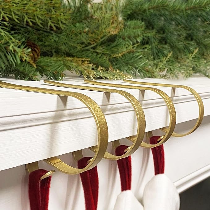 Haute Decor The Original MantleClip Stocking Holder- 4 Pack (Classic Gold) - Hang Christmas Stockings Safely and Securely from Mantels Up to 3 Inches Thick