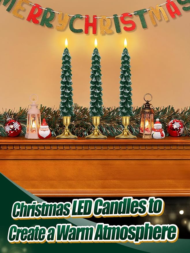 3 Pack Christmas Tree Candles with Remote- Real Wax Flameless Taper Candles, 9.7in Green Candlesticks Battery Operated for Home Table Metal Xmas Holiday Indoor Decorations Gifts