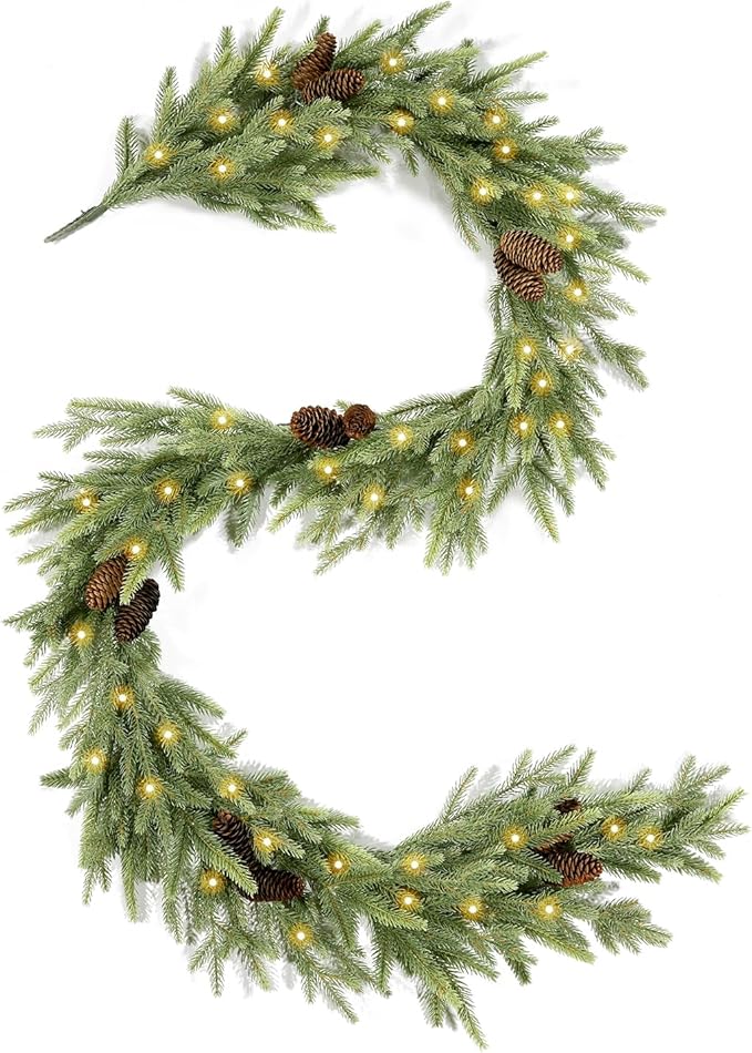 WBHome 6ft Pre-lit Norway Spruce Christmas Garland, Winter Greenery Garland for Christmas with 100 LED Lights, Holiday Seasonal Outdoor/Indoor Home Decor, 6FT Long