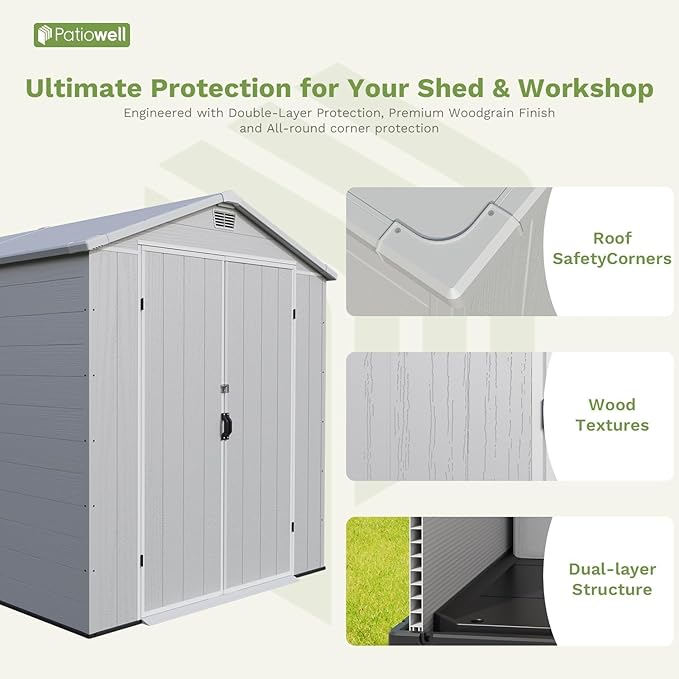 Patiowell 6x10 FT Outdoor Storage Shed with Floor, Large Plastic Resin Garden Shed with Lockable Door, Windows, Weather-Resistant for Lawn Mower, Tool & Backyard Storage (Light Grey)