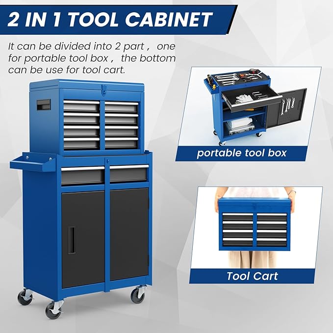 ERGOMASTER Tool Chest Heavy Duty Rolling Tool Box with Cabinet 5-Drawer for Lockable & Removable Cabinet for Garage and Workshop - Blue