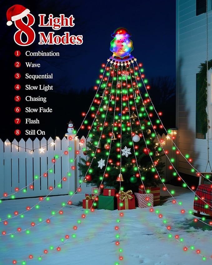Christmas Decorations Outdoor String Lights - 335 LED 11.48ft 9 Strands Waterfall Tree Lights with Topper, 8 Lighting Modes Christmas Lights Indoor Decorative for Wedding Yard Party Home