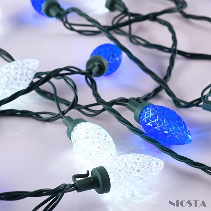 C9 LED Outdoor Christmas Lights,C9 String Lights with Quick Clips,for Xmas House Roof Gutter,Plug in & Connectable,66FT 100 Light,Blue & White