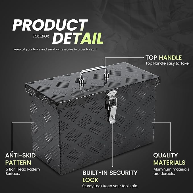16 Inch Aluminum Tool Box, Truck Bed Storage Tool Organizer with Top Handle for Truck Trailer Pickup RV 16X7.5X10 Black
