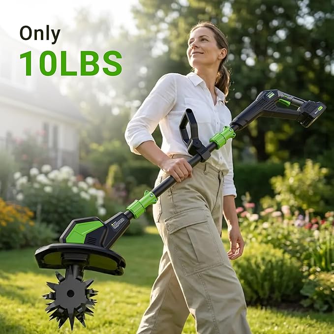 20V Cordless Tiller Cultivator, Lightweight 360RPM Electric Garden Tiller with 2 * 2.0Ah Batteries, 9 Width, 6.6 Depth, 48 Steel Tines Mini Rototiller for Weeding, Gardening & Soil Cultivation Green