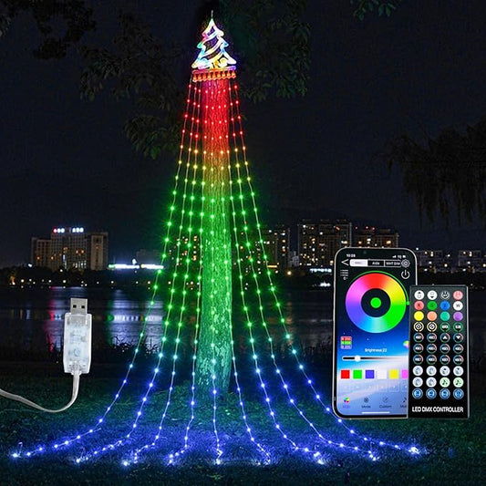 Outdoor Christmas Decorations Tree String Light with Remote APP Control 10FT 305LED Waterfall RGB Color Changing Waterproof Hanging Twinkle Fairy Light 210 Mode Timer Music Sync