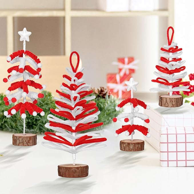 Super Holiday 4PCS Small Christmas Tree, Artificial Mini Tabletop Tree Christmas Decorations, for Wedding Holiday Indoor Xmas Party Decor, Red, White
