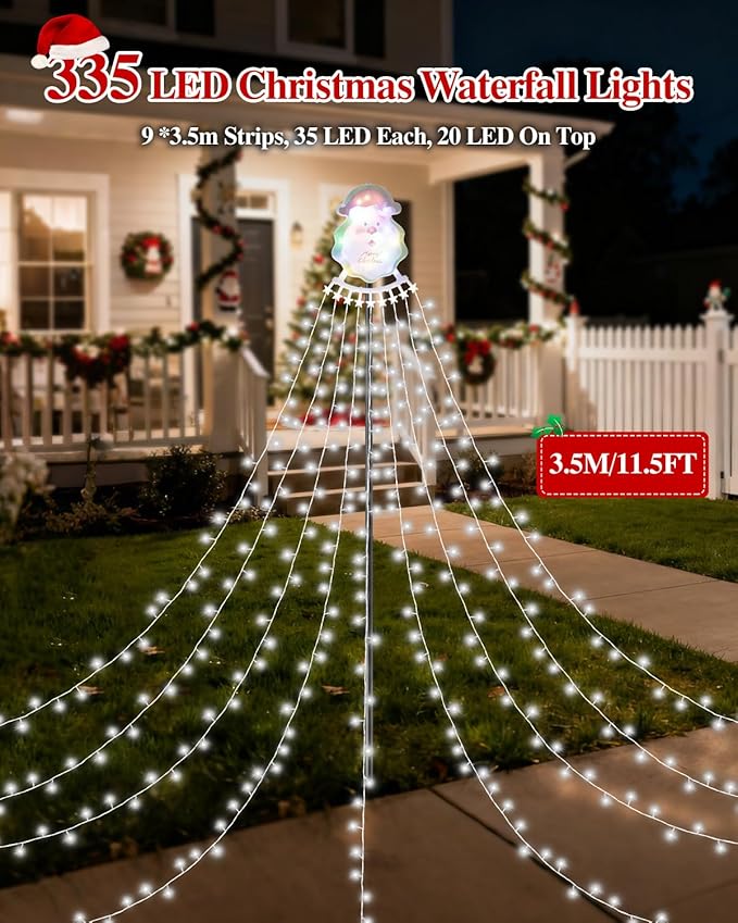 Christmas Decorations Outdoor String Lights - 335 LED 11.48ft 9 Strands Waterfall Tree Lights with Topper, 8 Lighting Modes Christmas Lights Indoor Decorative for Wedding Yard Party Home