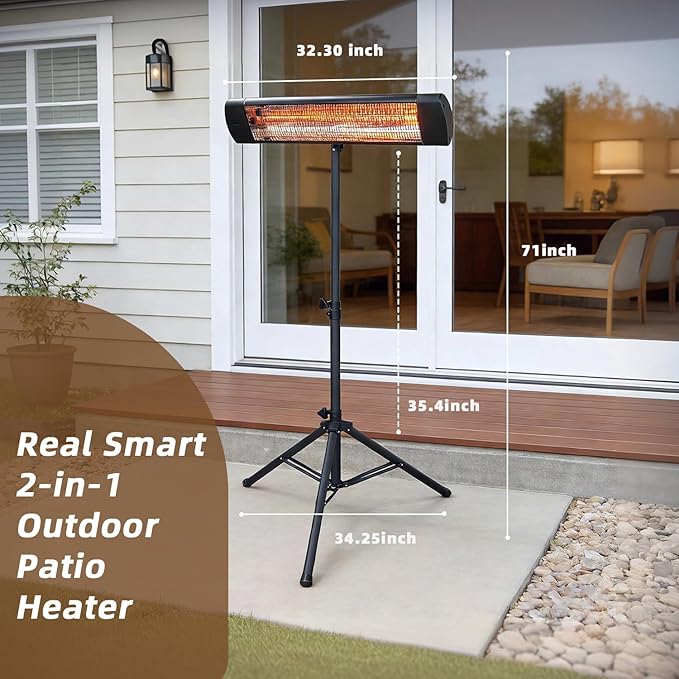 Electric Outdoor Patio Heater with Tripod, 1500W Infrared Heater Remote, 12H Timer, IPX6 Waterproof, 3 Heat Levels, Portable Electric Space Heater for Garage Backyard Indoor Use