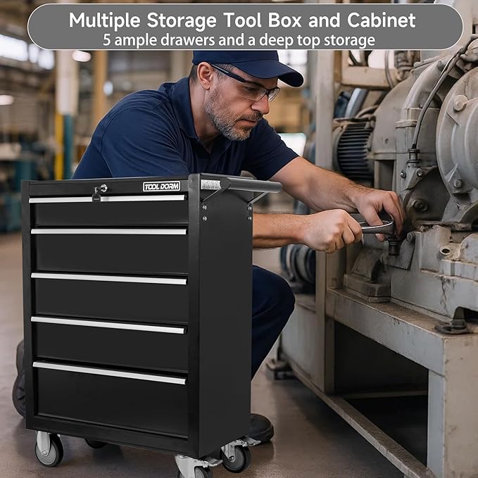 5-Drawer Rolling Tool Chest with Locking Wheels & Drawers, 13 D x 24.2 W x 34.6 H Mobile Tool Storage Cabinet, Heavy-Duty Garage Organizer w/Ergonomic Handle