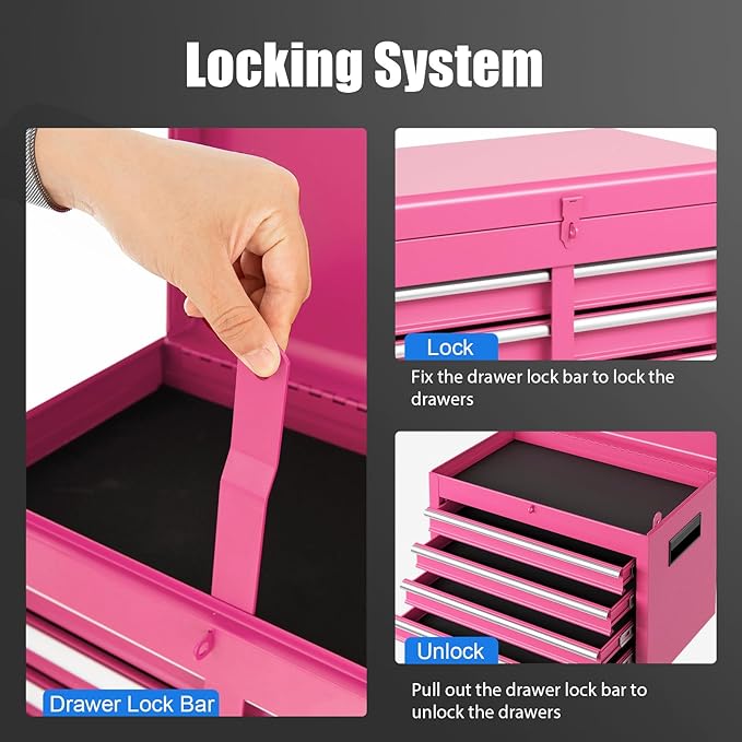 Goplus Pink Tool Chest, 5 Drawers Rolling Tool Cabinet w/Detachable Top Toolbox, Universal Lockable Wheels,Lock Bar,Protective Liner,Tool Rack, Metal Tool Storage Cart, Tool Box for Garage Workshop