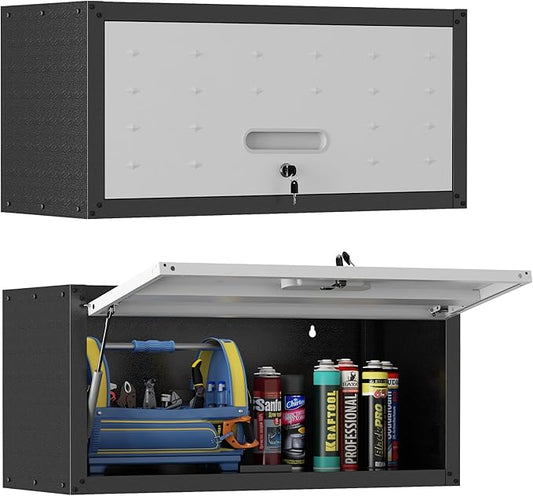 Metal Wall Cabinet,Wall Mounted Garage Cabinets with Lockable Up-Flip Door,Hanging Storage Cabinet 130 lbs Capacity,Floating Cabinet for Tool Organization in Basement,Workshop,Kitchen,Black/Grey