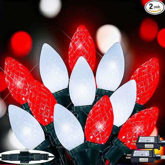 2-Pack Connectable C9 Christmas Lights Outdoor Indoor, 66 FT 100 LED Christmas String Lights Plug in with 8 Modes & Timer, Waterproof Fairy Twinkle Light for Xmas Tree Yard Decorations (Red and White)