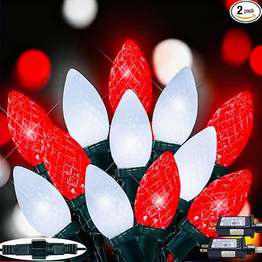 2-Pack Connectable C9 Christmas Lights Outdoor Indoor, 66 FT 100 LED Christmas String Lights Plug in with 8 Modes & Timer, Waterproof Fairy Twinkle Light for Xmas Tree Yard Decorations (Red and White)