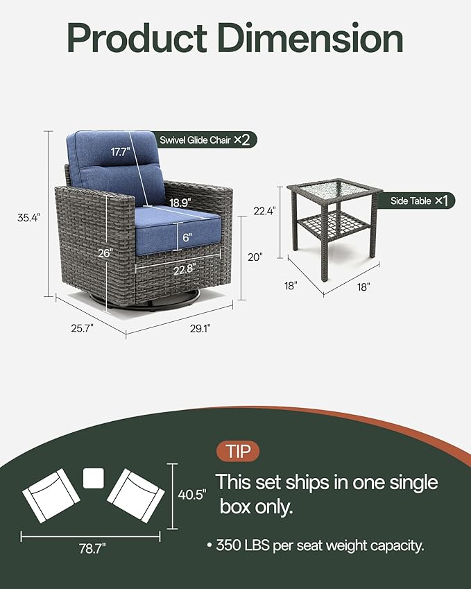 Luxury 3-Piece Patio Furniture Set with 6-Inch Thick Cushions, Outdoor Swivel Rocker Chairs and Table, Wicker Conversation Set for Porch, Deck, Balcony, Yard in Blue