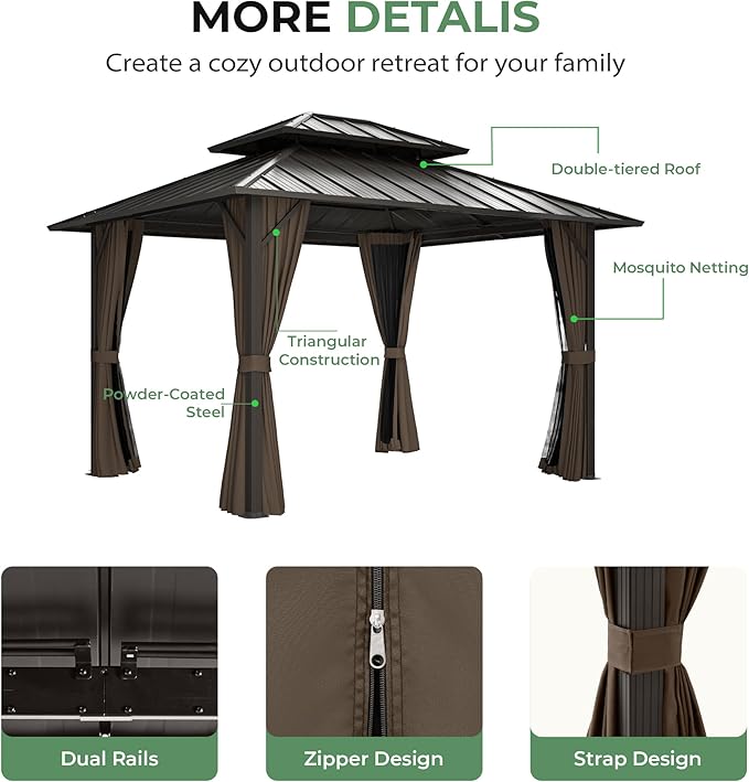 12' x 16' Hardtop Gazebo, Aluminum Frame with Double Galvanized Steel Roof, Outdoor Metal Gazebo with Netting & Curtains for Backyard, Garden, or Deck, Brown