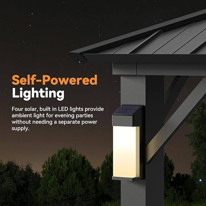 Modern Shade The Horizon Hardtop Gazebo 12' x 14' with 4 LED Lights, Permanent Outdoor Gazebo with Galvanized Steel Double Roof, Grill Pavilion with Decor Hooks, Mosquito Nettings, Black