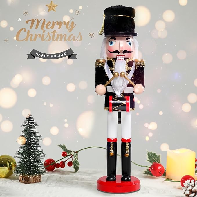 Christmas Nutcracker Decorations Nutcracker Figure 15 Inch Wooden Nutcrackers Collectible Ornament Nutcrackers Soldier for Table Desktop Home Christmas Decor Xmas Indoor Decor Black Hat beat a drum