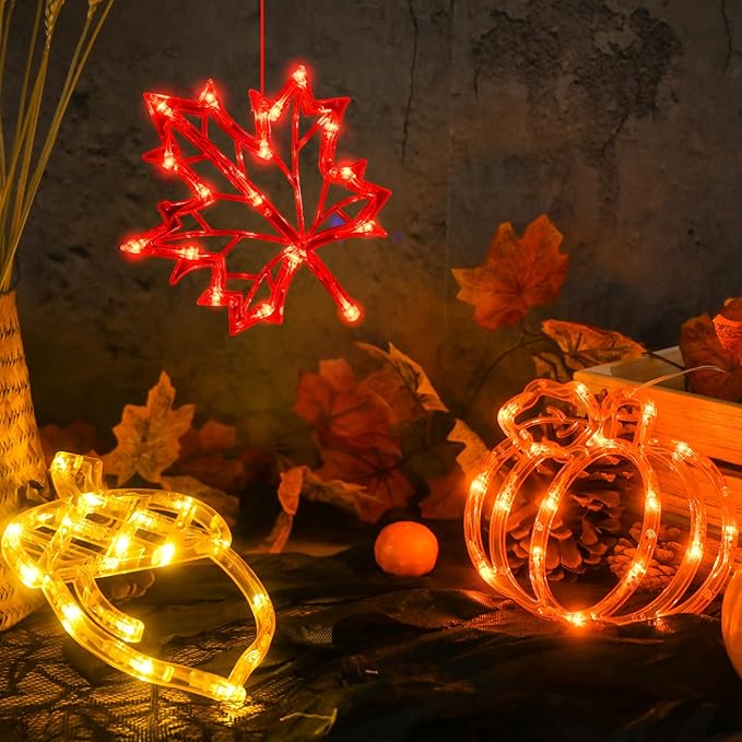 LOLStar Fall Decor Window Lights 2025 Thanksgiving Decorations Acorn Maple Leaves Pumpkin LED Lights with Suction Cups Battery Operated(Exclusive) Slow Fade Mode Timer Autumn Decorations for Home