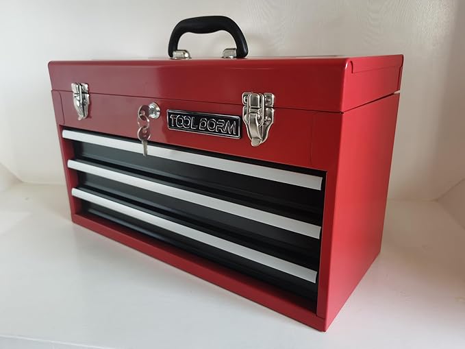 20.3¡° Metal Tool Box with Drawer Portable Steel Tool Box with Protective Liner and Latch Closure and Lock for Garage, Home and Warehouse (Red & Black-3 Drawers)