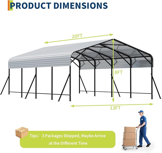 GarveeLife 13x20x8 ft Oversized Metal Carport with Galvanized Steel Roof, Heavy Duty Carport for 2 Cars, Metal Garage for Car, Truck, Tractor, Boat