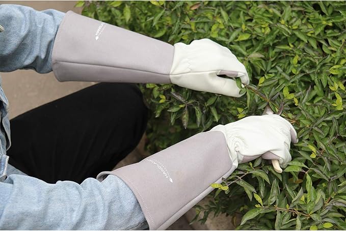 HANDLANDY Long Gardening Gloves for Men & Women, Thorn Proof Rose Pruning Gloves Leather Gauntlets Garden Glove Yard Work Glove (Large, Grey)