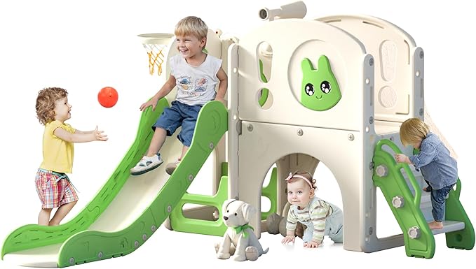 8-in-1 Toddler Slide and Climber Playset, Kids Slide Playground with Stairs, Tunnel, Telescope, Storage, Basketball Hoop and Ball, Indoor Outdoor, 1-3 Years Old, Green