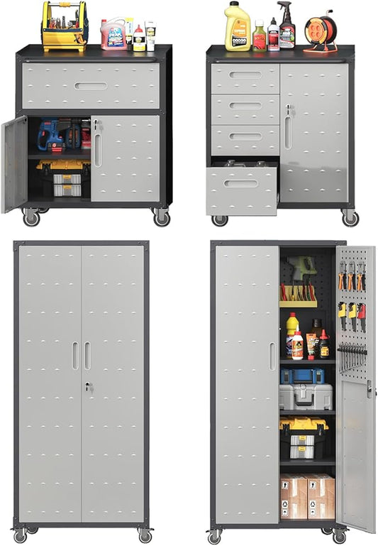 Metal Tool Cabinet,Garage Storage Cabinet System,Wall Cabinet & Locking Rolling Tool Cabinet with Doors and Adjustable Shelves,Steel Tool Cabinets for Home (4 Pcs-StyleB, Black & Grey)