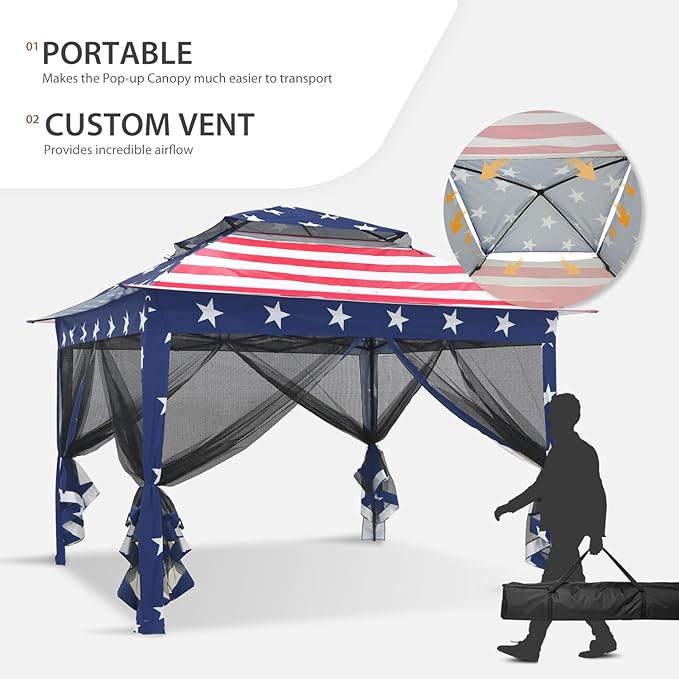 COOS BAY 11x11 Pop Up Gazebo with Mesh Netting, Instant Outdoor Canopy Tent, Water Resistant Shelter with UPF 50+ UV Protection, 121 Sq Ft Coverage, American Flag