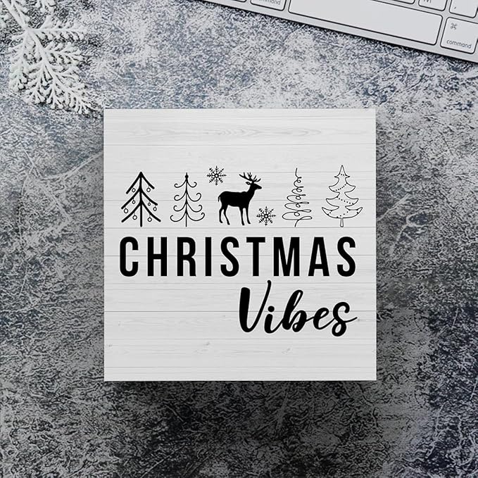 Christmas Sign Christmas Tree Elk Decor Christmas Vibes Sign Christmas Decorations Indoor Winter Desk Accessories Decorations for Table Home Shelf Office Gifts for Women 5 X 5 Inch