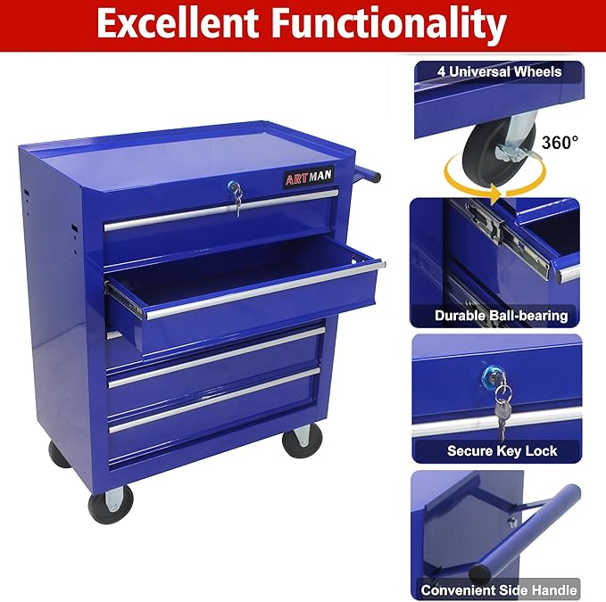 RYH 5 Drawers Rolling Tool Chest & Tool Box on Wheels | Heavy Duty Metal Cart with Ball Bearing Drawers | Fits US General Tool Box for Garage Storage (Blue, 5 Drawers£¨29.9 H ¡¿ 24.2 W ¡¿ 12.9 D)