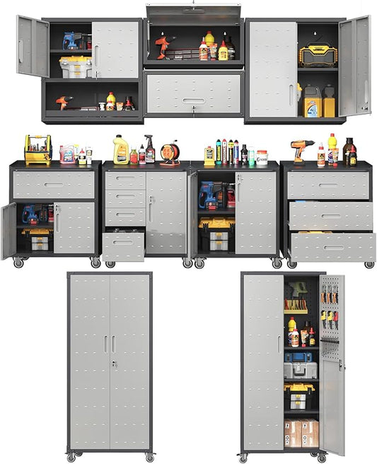 Metal Tool Cabinet,Garage Storage Cabinet System,Wall Cabinet & Locking Rolling Tool Cabinet with Doors and Adjustable Shelves,Steel Tool Cabinets for Home (10 Pcs-StyleA, Black & Grey)